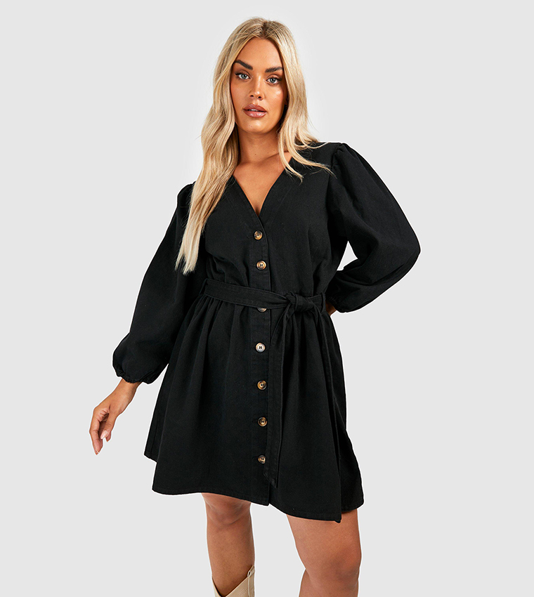 Buy Boohoo Denim Belted Skater Dress In Black | 6thStreet Qatar