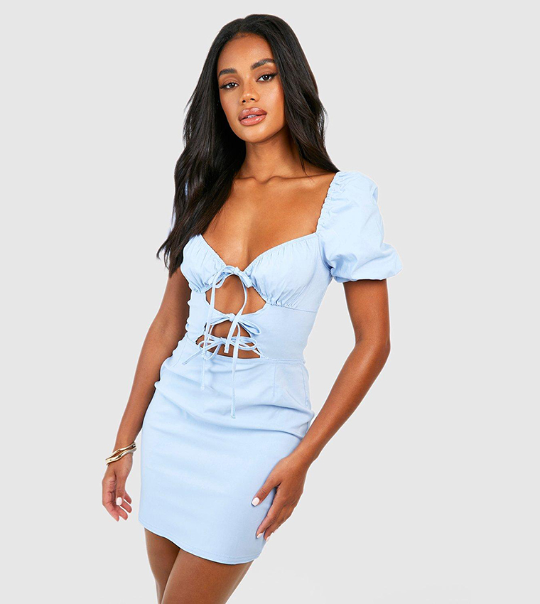 Buy Boohoo Bengaline Tie Front Cut Out Mini Dress In Blue