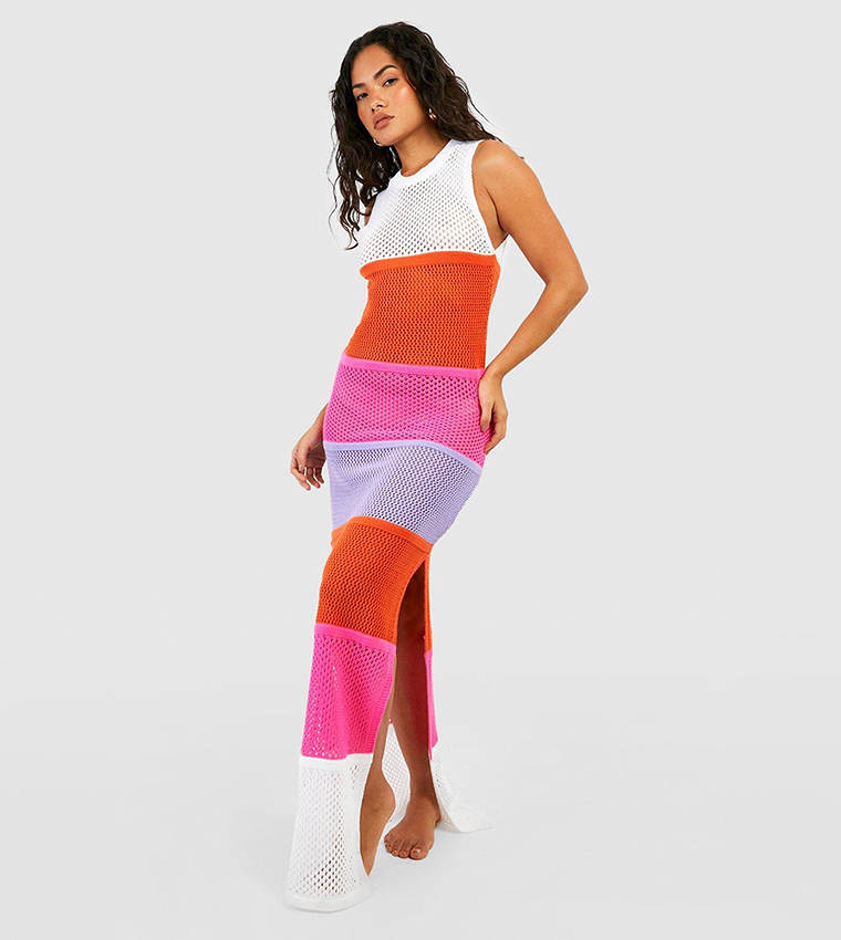 Crochet Knit Color Block Maxi Beach Dress
