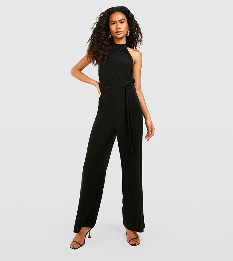 Buy Boohoo Halterneck Slinky Wide Leg Jumpsuit In Black