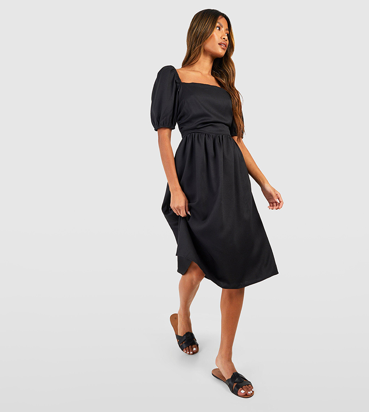 Puff Sleeves Square Neck Midi Dress