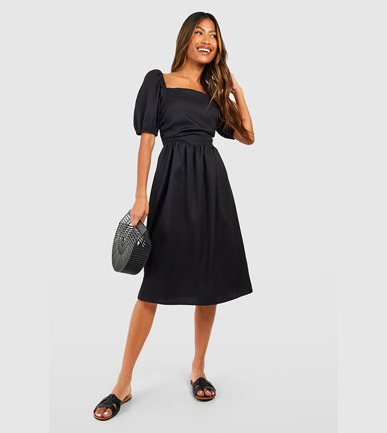 Puff Sleeves Square Neck Midi Dress