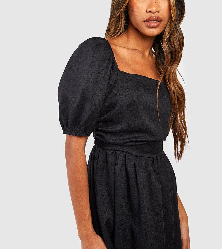 Puff Sleeves Square Neck Midi Dress