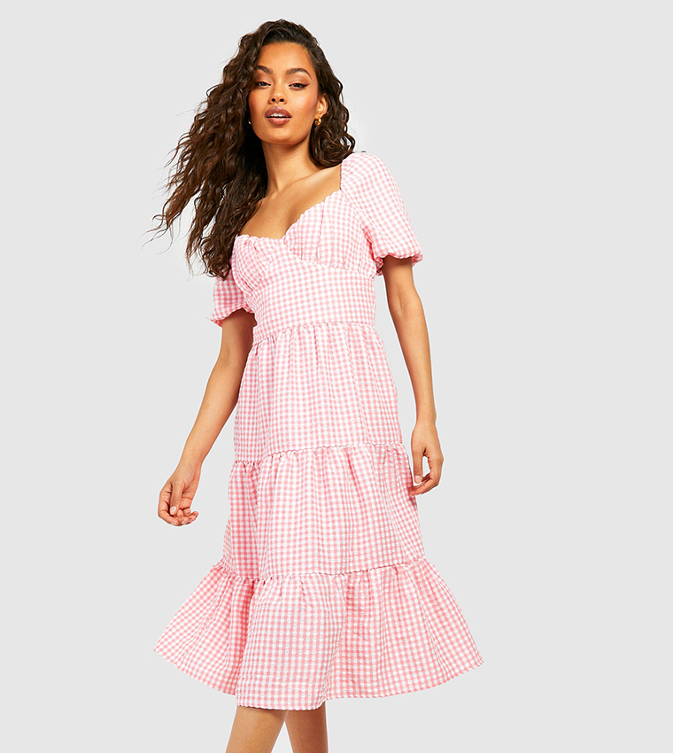 Buy Boohoo Check Puff Sleeves Tiered Midi Skater Dress In Pink | 6thStreet  Qatar