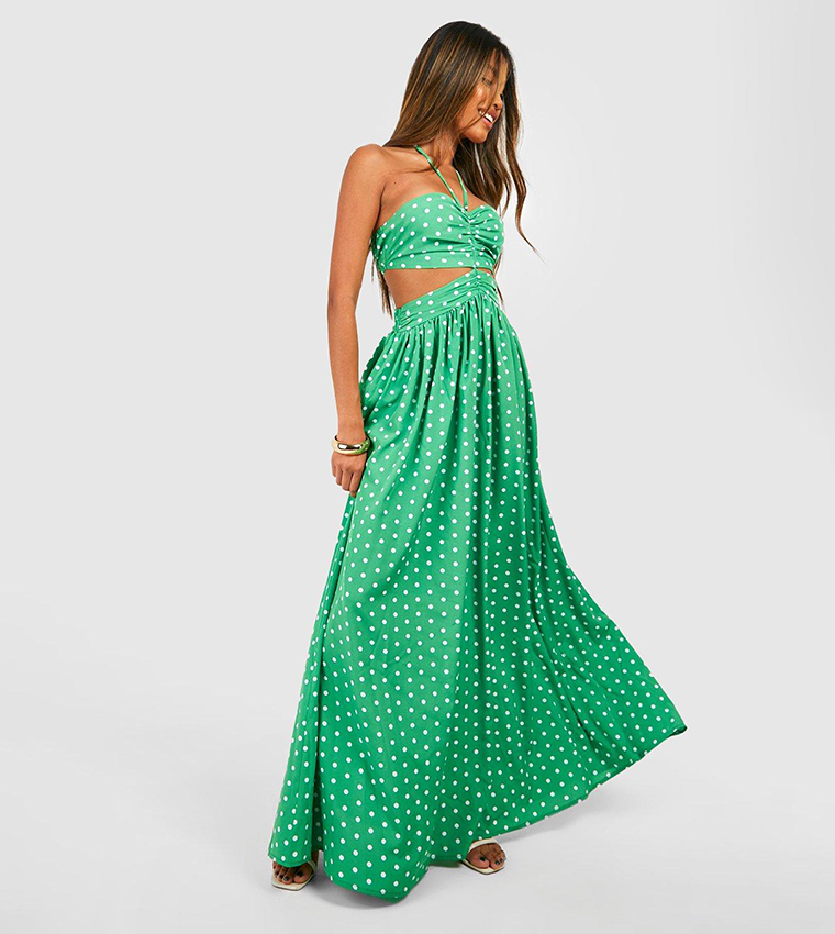 Buy Boohoo Polka Dot Halterneck Cut Out Maxi Dress In Green | 6thStreet Oman