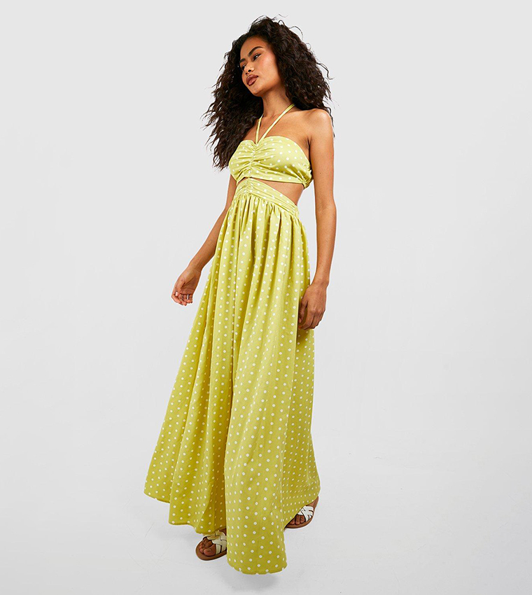 Buy Boohoo Polka Dot Halterneck Cut Out Maxi Dress In Yellow