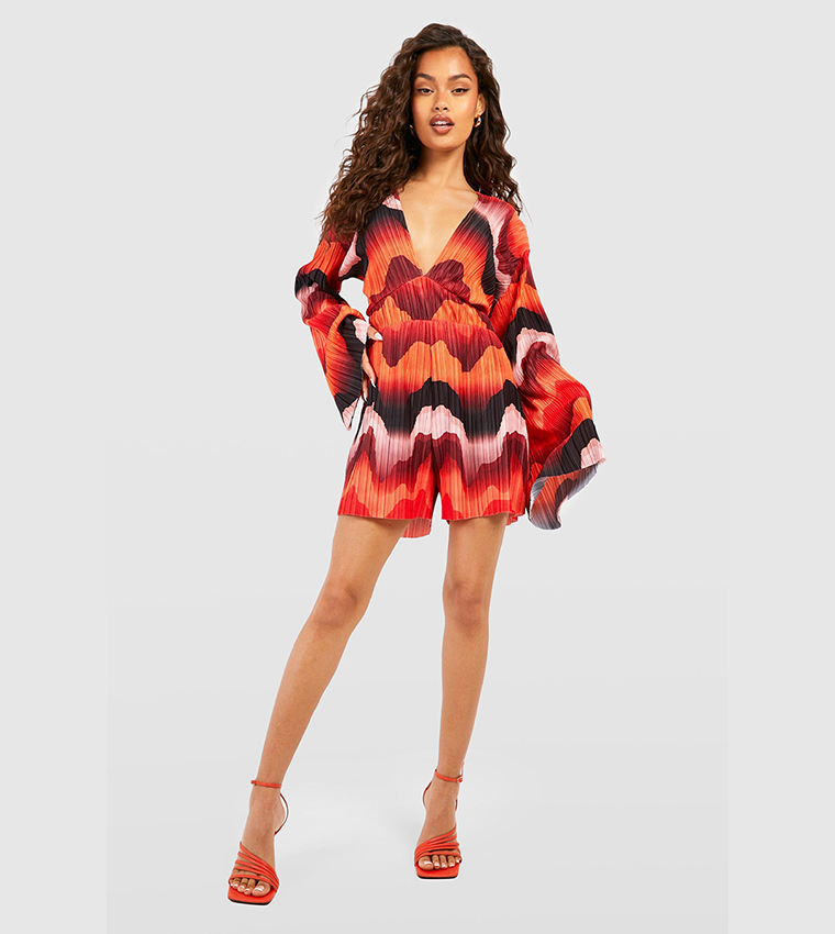 Buy Boohoo Abstract Plisse Flare Sleeves Romper In Orange 6thstreet