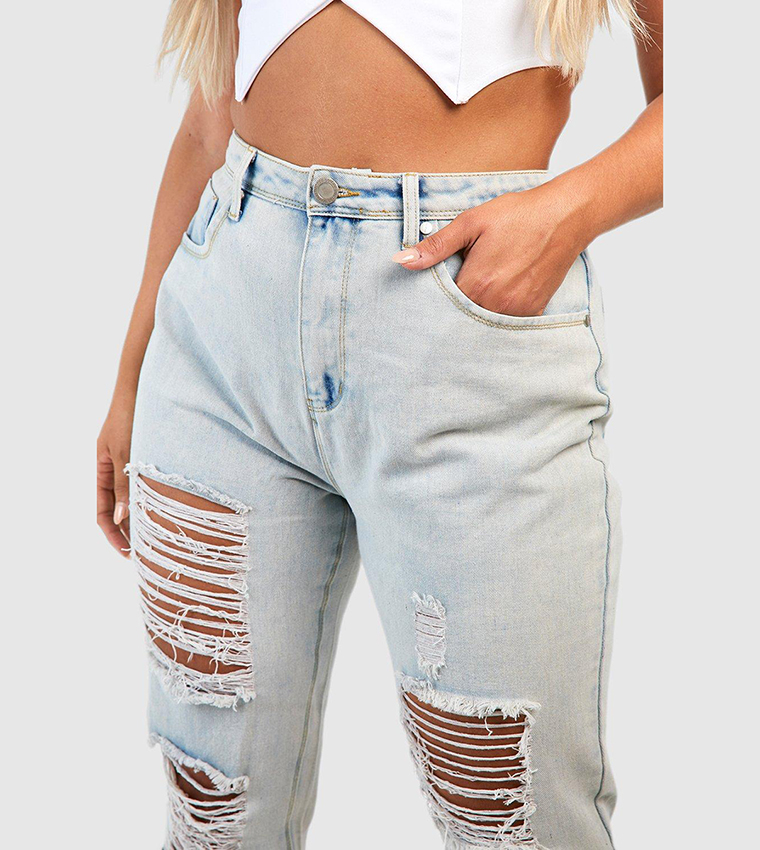 Buy Boohoo All Over Ripped Mom Jeans In Blue 6thStreet Qatar