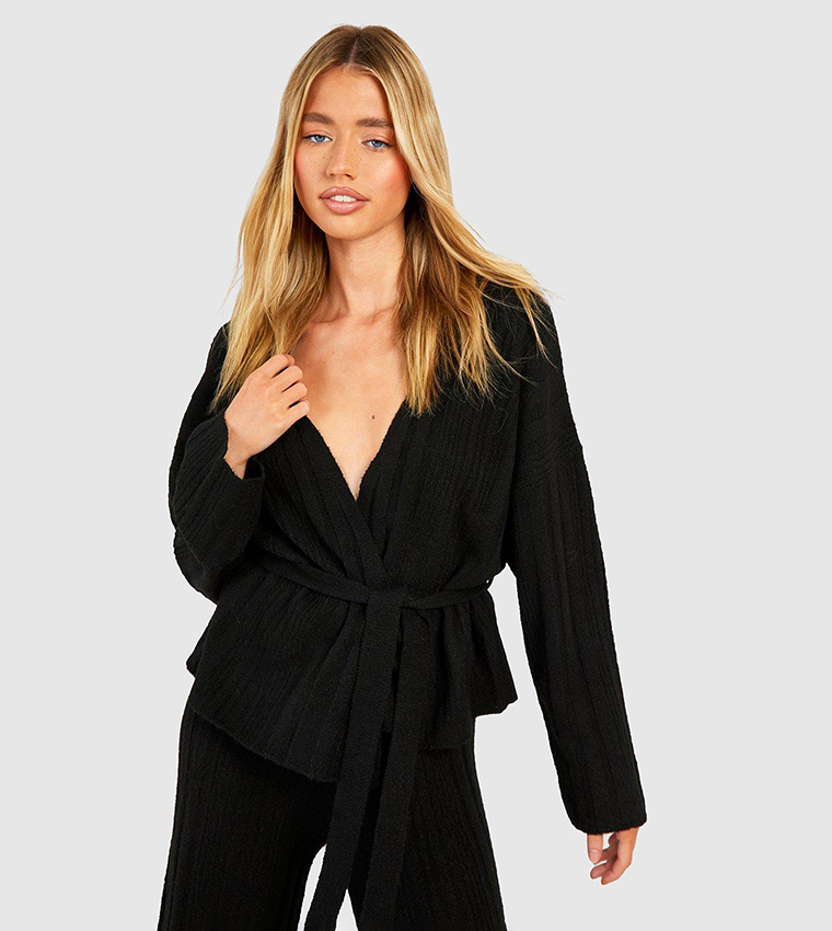 Buy Boohoo Soft Mixed Rib Knit Belted Crop Cardigan In Black