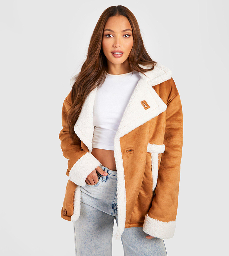 Buy Boohoo Tall Faux Fur Trim Suedette Coat In Brown | 6thStreet Saudi ...