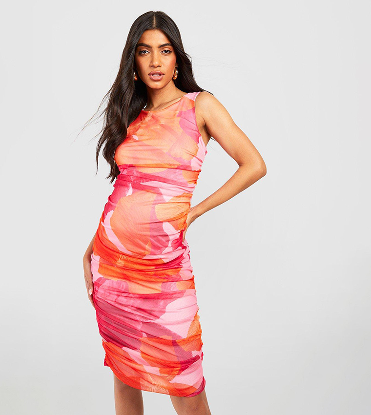 Buy Boohoo Maternity Floral Ruched Mesh Midaxi Dress In Pink
