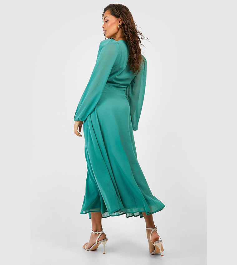 Buy Boohoo Puff Sleeves Button Through Midi Dress In Green 6thStreet Bahrain