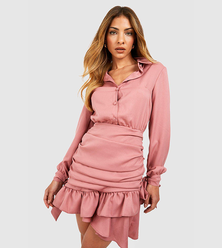 pink ruched shirt dress Fuchsia Ruched Shirt Dress Anna  MYBASS SC