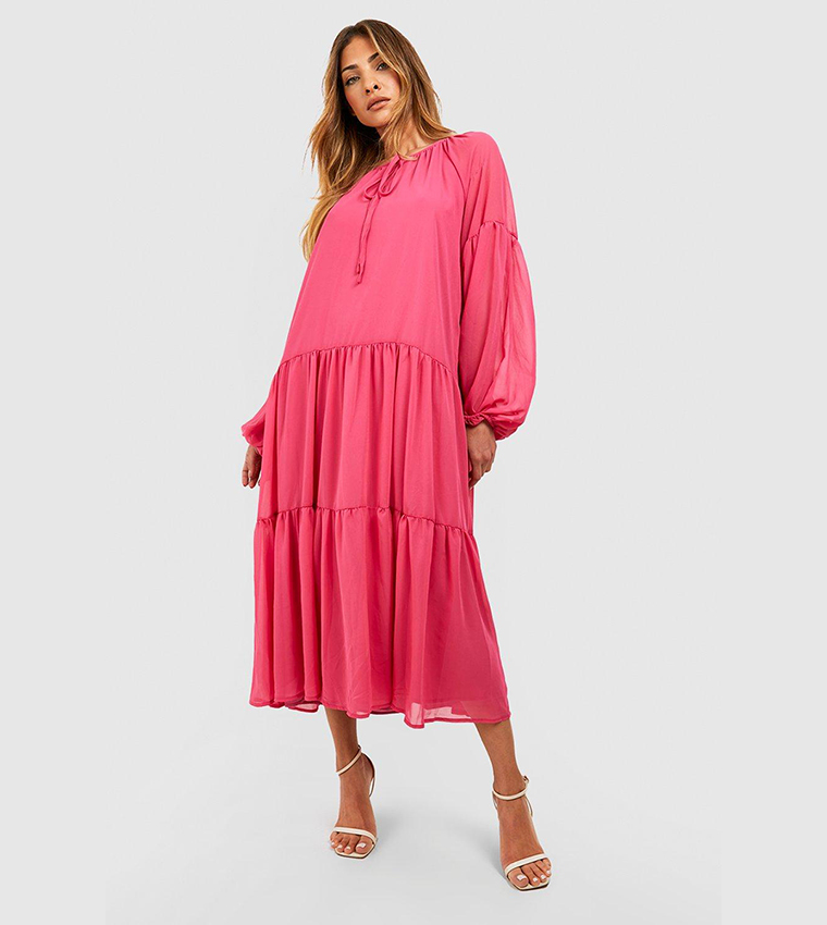 sachin and babi light blue dress Red and Pink Ruffle Tiered Cut-Out Chiffon Midi Dress