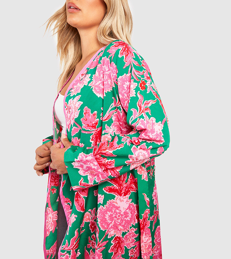 Boohoo Floral buy Tie Waist Kimono Coat Floral Black