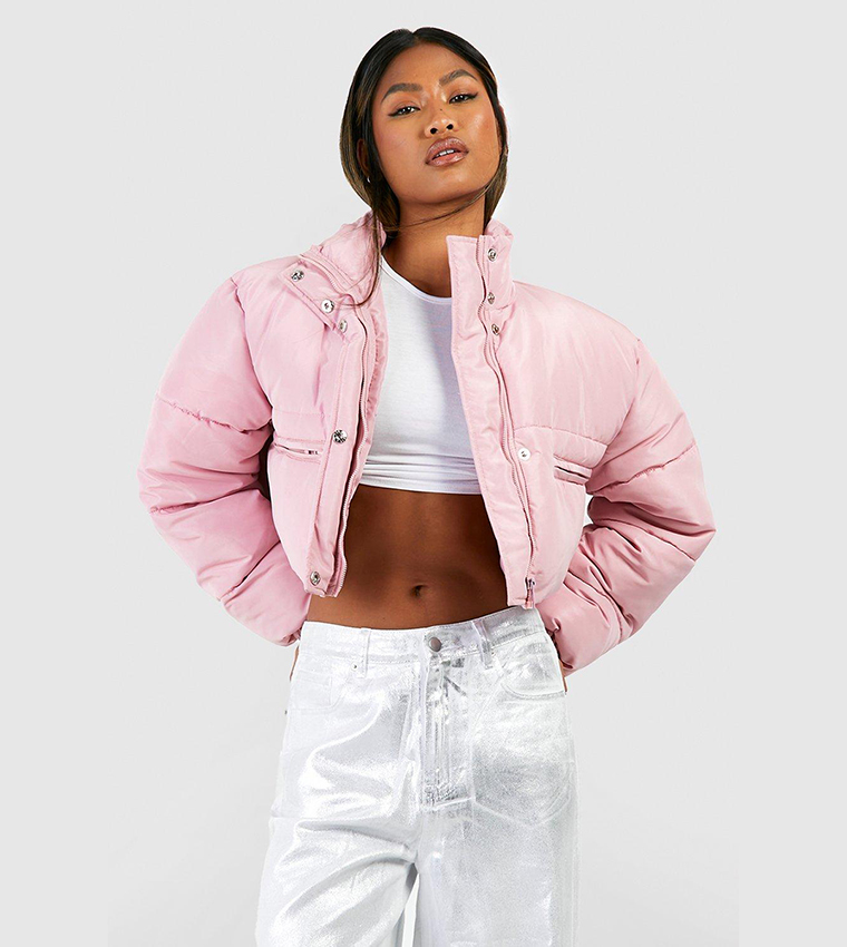 Pink Boohoo Cropped Puffer Jacket Buy Boohoo Pocket Detail Funnel