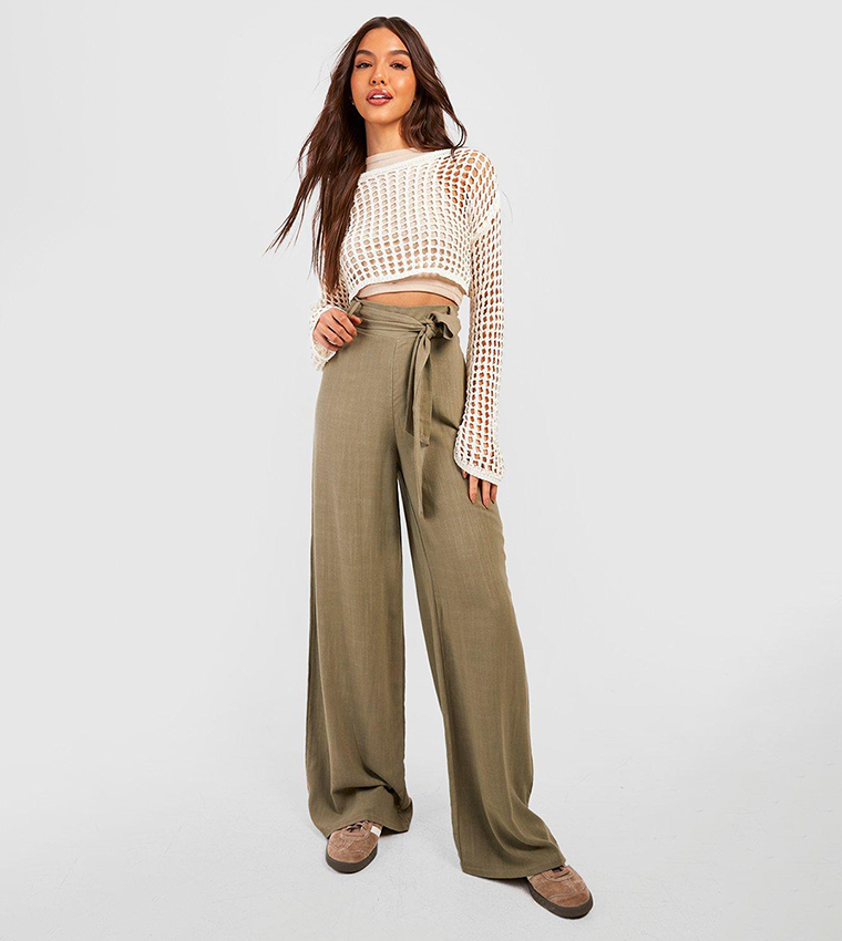 Linen Blend Super High Waisted Belted Wide Leg Pants