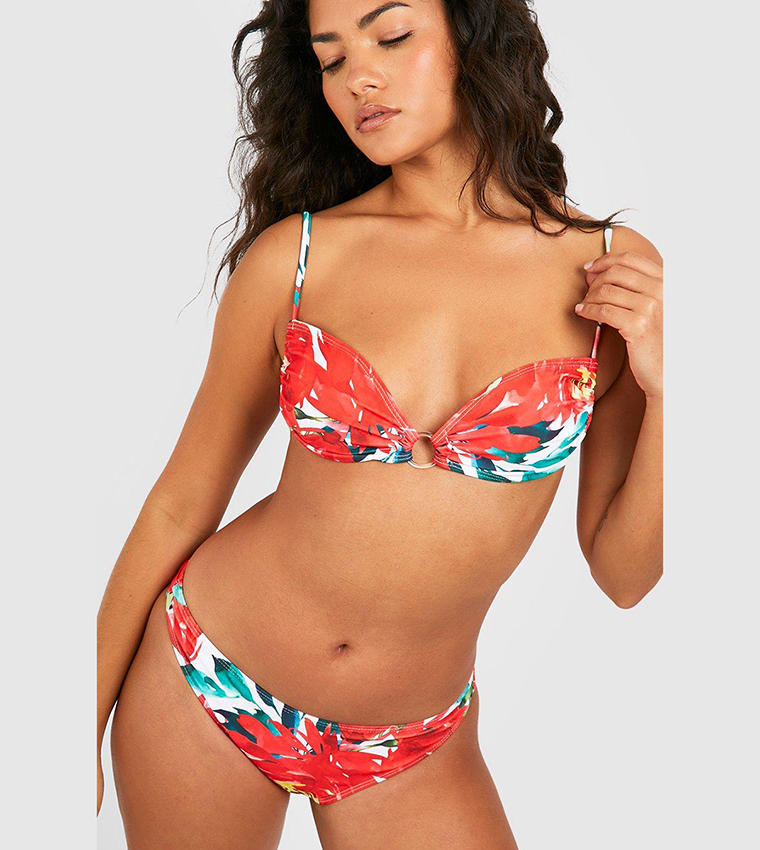 Buy Boohoo 3 Piece Abstract Floral Bikini Set & Skirt In Red