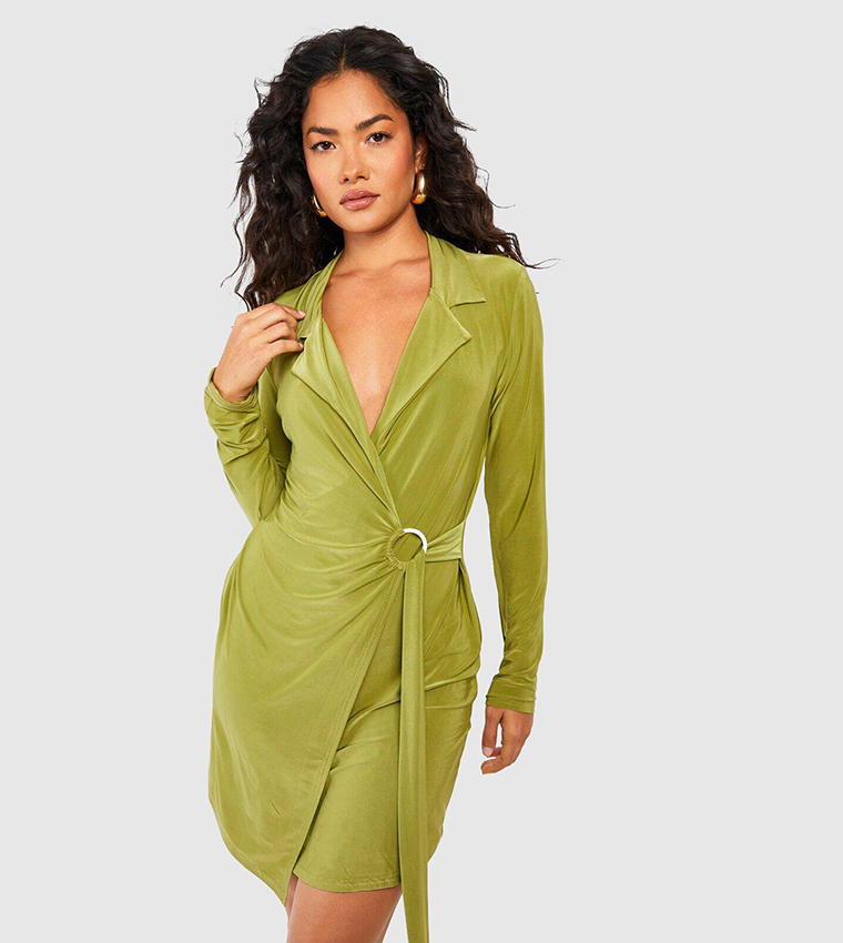 Buy Boohoo Slinky Wrap Shirt Dress In Green | 6thstreet Qatar