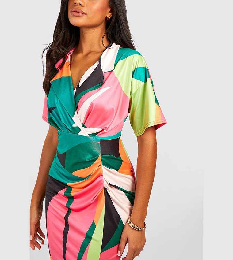 Buy Boohoo Tropical Slinky Wrap Midi Shirt Dress In Multiple Colors 6thStreet Qatar