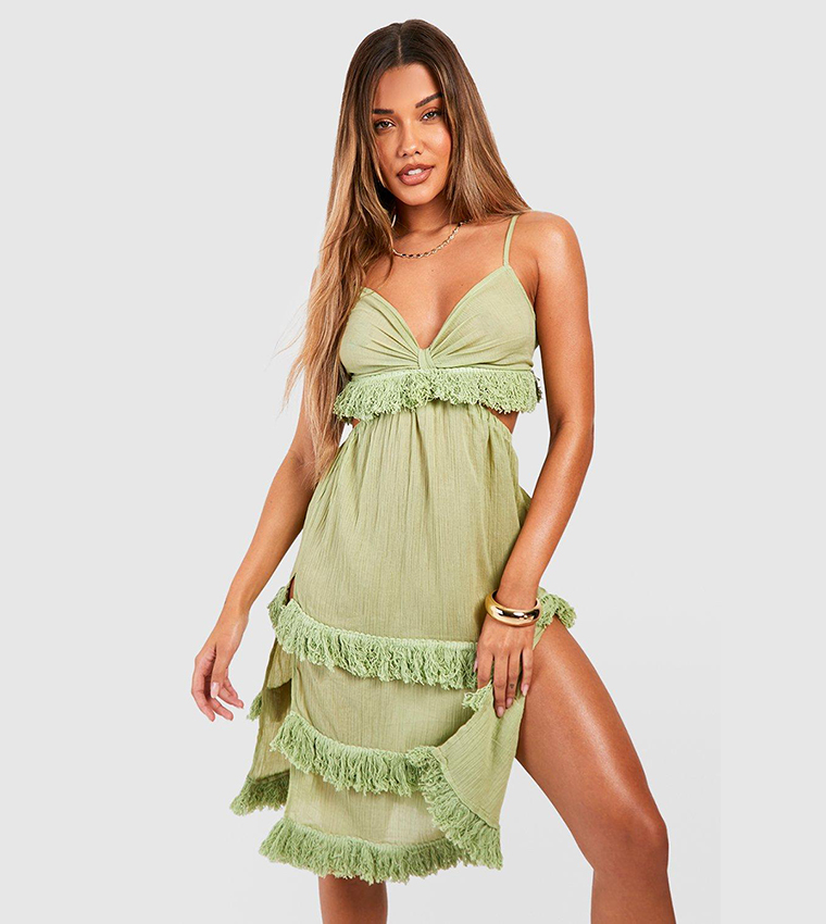 Buy Boohoo Cheesecloth Cut Out Tassel Beach Midi Dress In Green | 6thStreet  Qatar