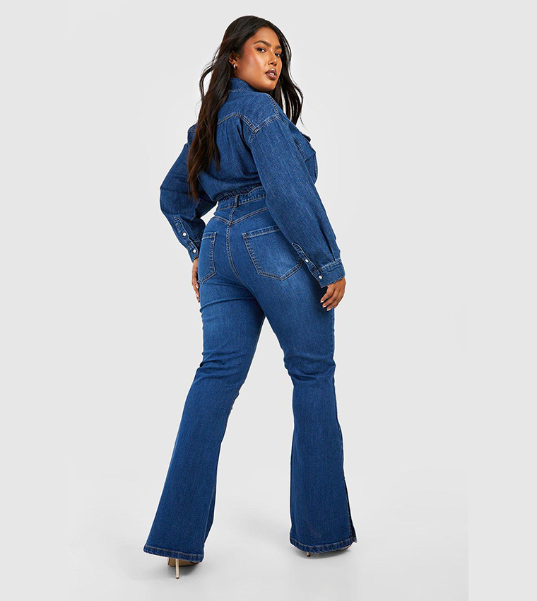 Buy Boohoo Butt Shaper Split Hem Stretch Flared Jeans In Blue