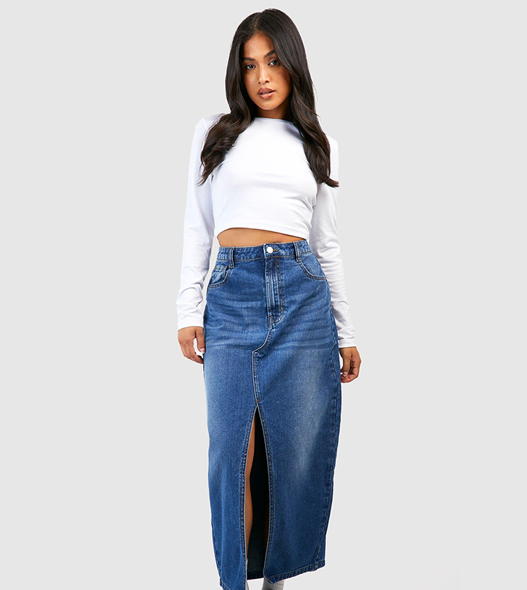 Buy Boohoo Mid Wash Split Front Denim Maxi Skirt In Blue | 6thStreet ...