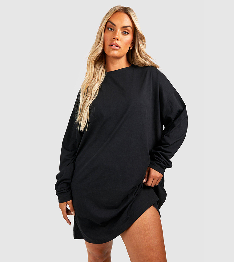 Buy Boohoo Cotton Long Sleeves Oversized T Shirt Dress In Black | 6thStreet  Bahrain