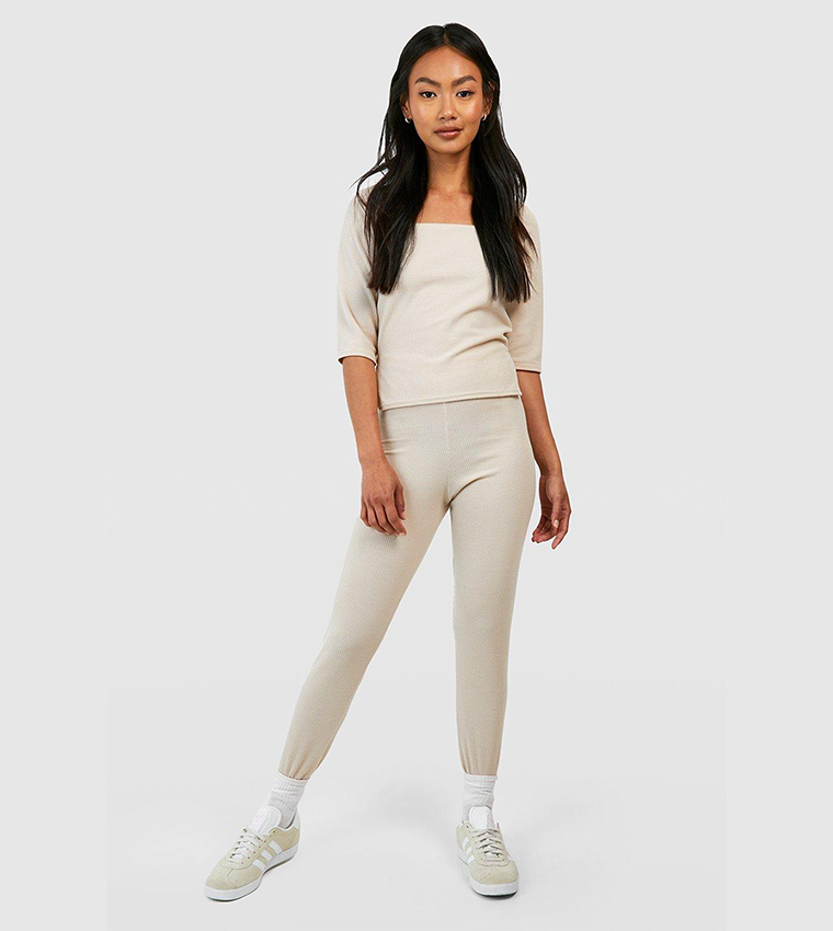 Buy Boohoo Ribbed Mid Rise Leggings In Beige