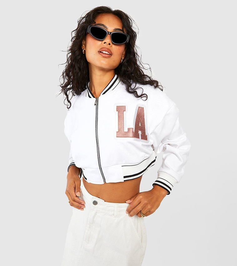 Buy Boohoo Crop La Varsity Bomber Jacket In White 6thStreet Kuwait