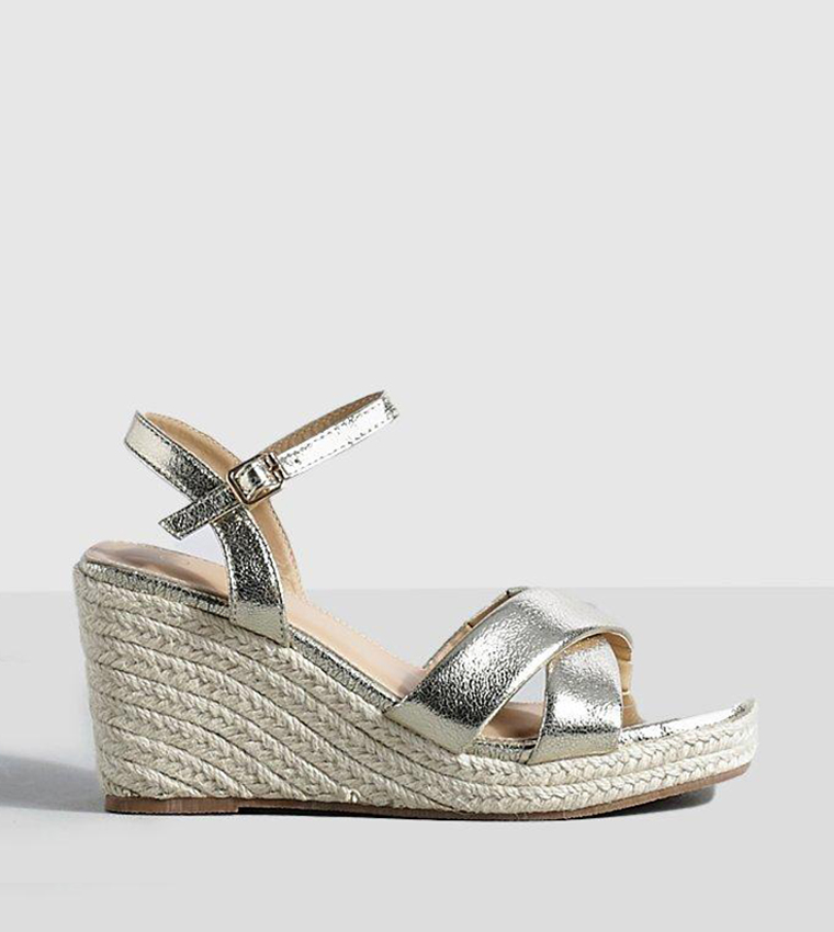 Buy Boohoo Wide Fit Metallic Square Toe Cross Strap Wedges In Gold