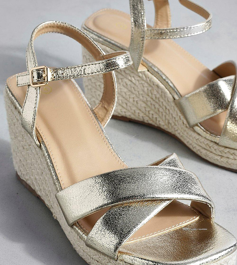 Buy Boohoo Wide Fit Metallic Square Toe Cross Strap Wedges In Gold