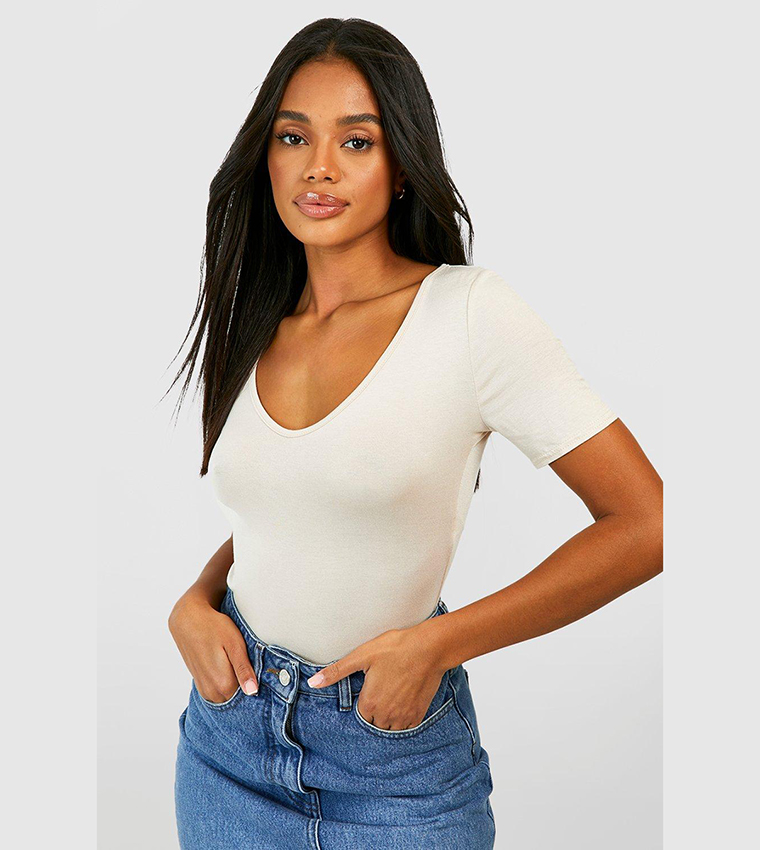 Buy Boohoo Basic V Neck Bodysuit Top In Beige