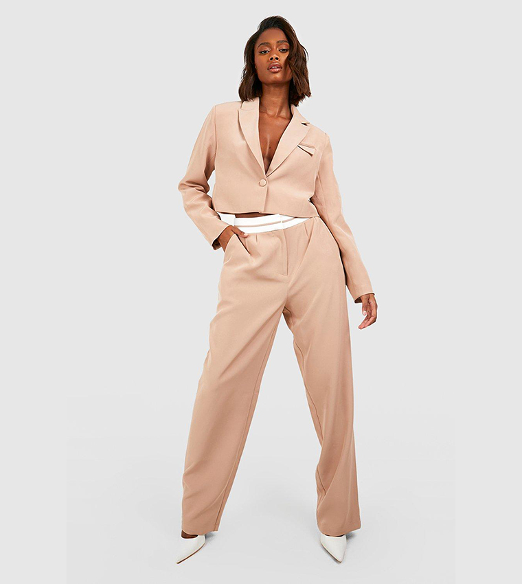 Buy Boohoo Contrast Waistband Relaxed Fit Tailored Trousers In Beige