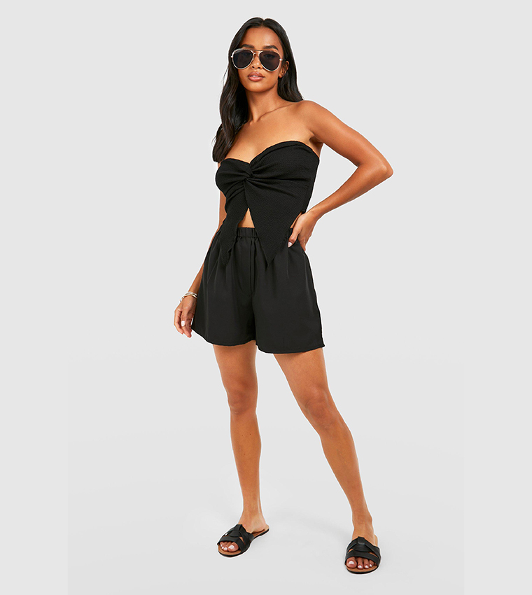 Black Textured Twist Front Bandeau, Tops