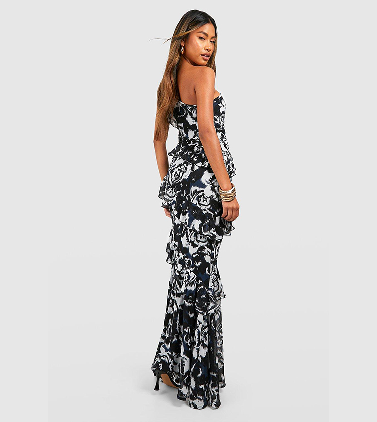 Buy Boohoo Chiffon Printed One Shoulder Maxi Dress In Black