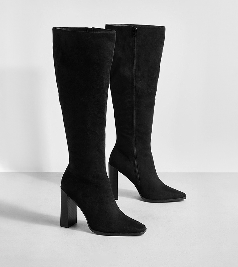 Buy Boohoo Stack Heel Square Toe Knee High Boots In Black | 6thStreet ...