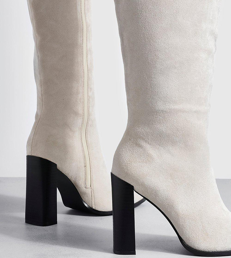 Buy Boohoo Stack Heel Square Toe Knee High Boots In Beige | 6thStreet UAE