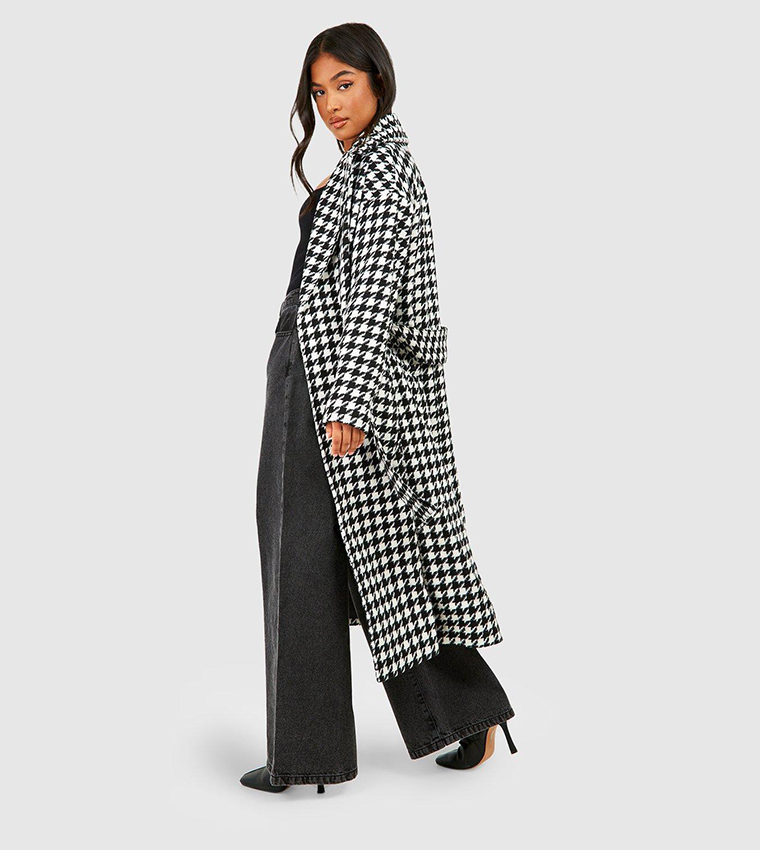 Petite Dogtooth Belted Wool Look Trench Coat