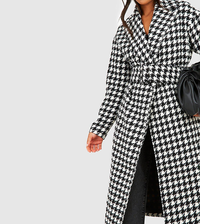 Petite Dogtooth Belted Wool Look Trench Coat