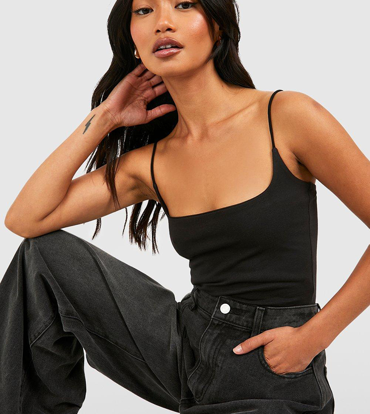 Buy Boohoo Basic Cotton Strappy Bodysuit In Black