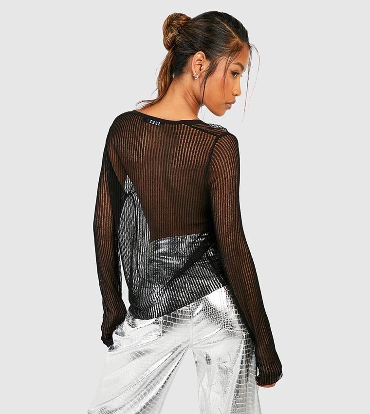 Buy Boohoo Sheer Ladder Stitch Button Through Crop Cardigan In Black