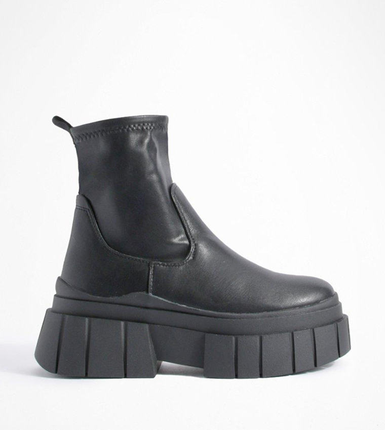 Black Ankle High Chunky Sole Sock Boots - Bana