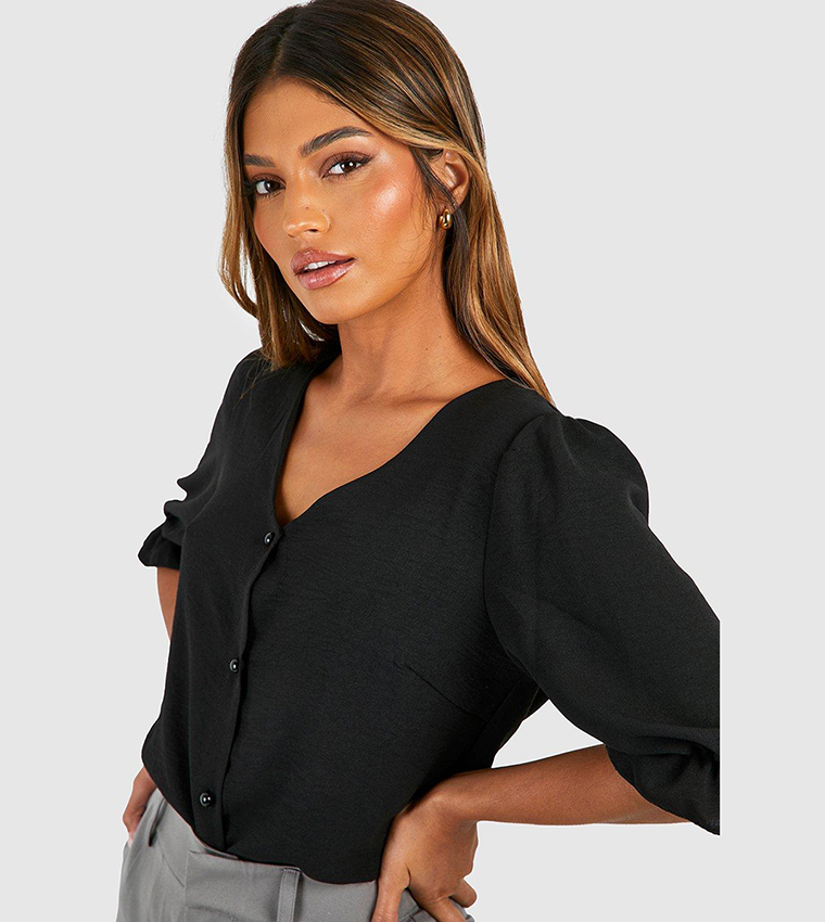 Hammered Puff Sleeves Button Front Top