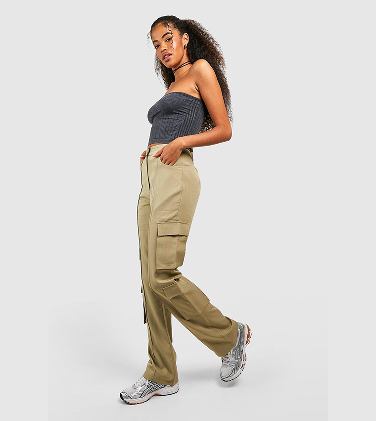 Buy Boohoo Luxe Tailored Cargo Flared Trousers In Khaki