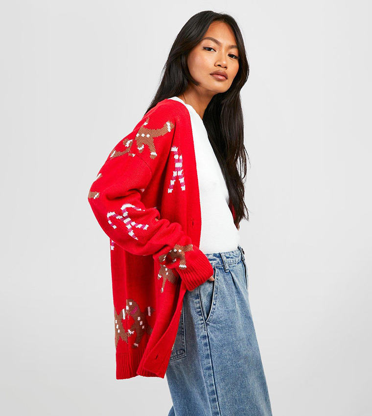 Buy Boohoo Gingerbread And Candy Cane Christmas Cardigan In Red 6thStreet Oman