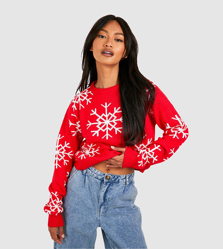 Buy Boohoo Outlet Snowflake Crop Christmas Sweater In Red