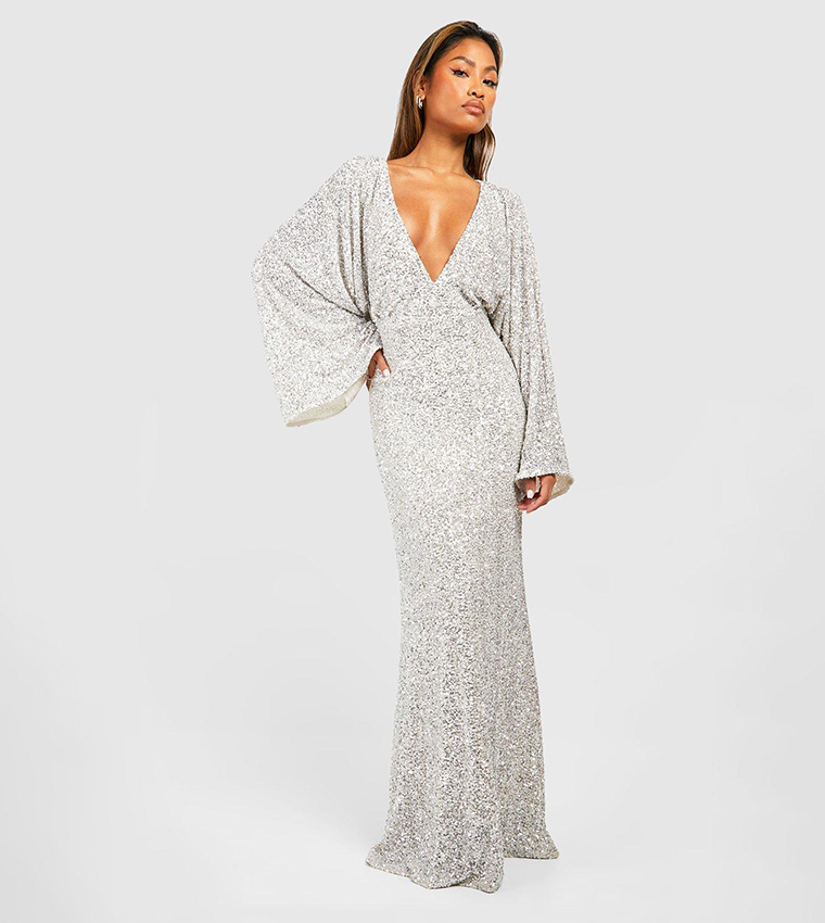 Buy Boohoo Sequined Angel Sleeves Maxi Dress In Silver