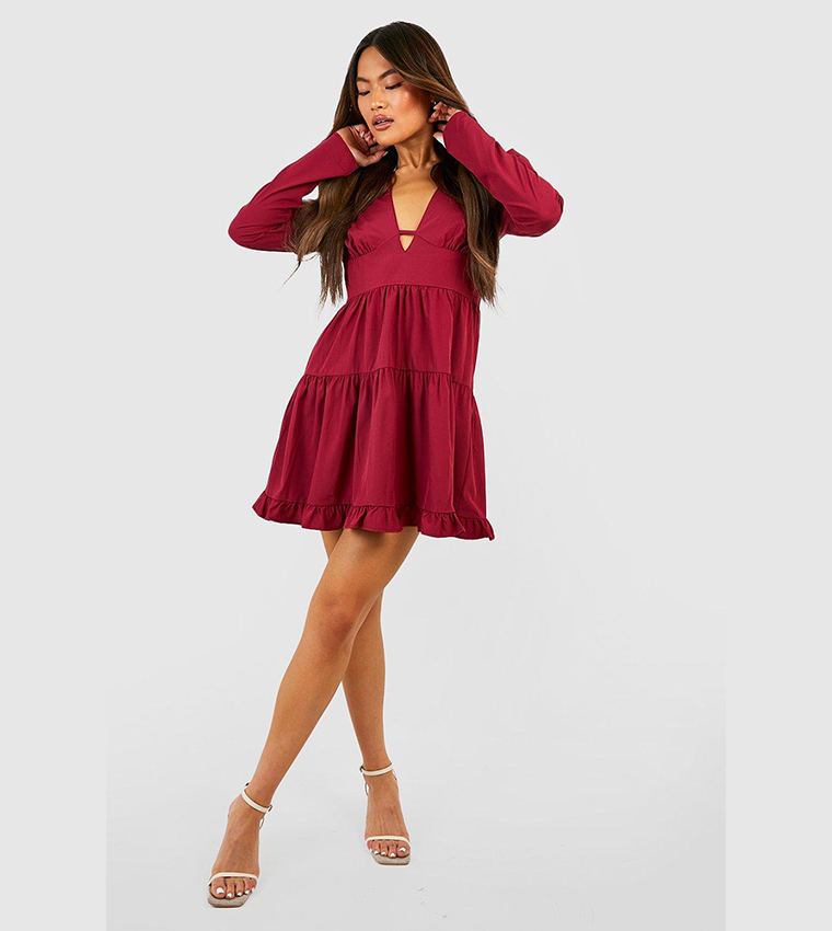 size 16 burgundy dress LACE V-NECK SMOCKED BODICE DRESS: BURGUNDY L