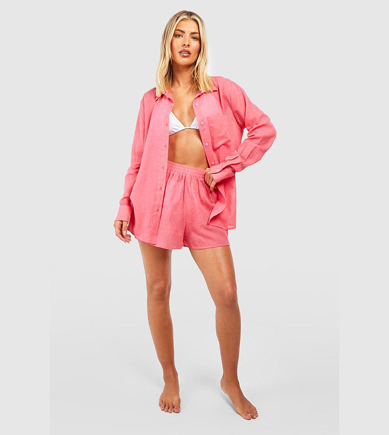 Buy Boohoo Linen Look Shirt & Short Beach Co Ord Set In Pink